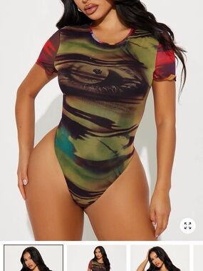 Fashion Nova Olive Multi Short Sleeve High-Cut One-Piece Swimsuit